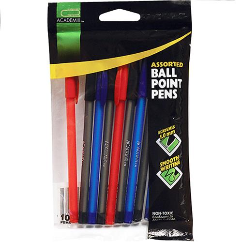 Wholesale 10CT BALL POINT STICK PENS BLACK, BLUE & RED
