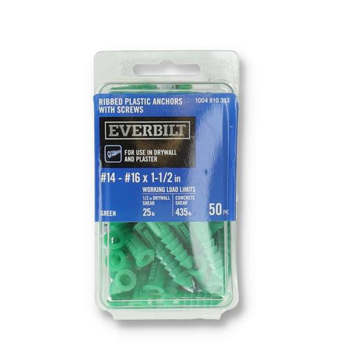 Wholesale EVERBILT 50PC RIBBED PLASTIC ANCHORS WITH SCREWS #14-16x1-1/2''