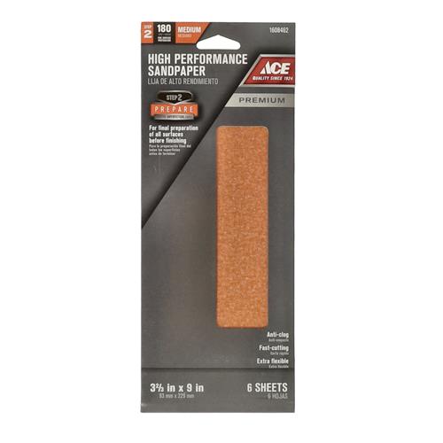Wholesale ACE 6PK PREMIUM HIGH PERFORMANCE SANDPAPER 3-2/3x9'' 180 MEDIUM GRIT