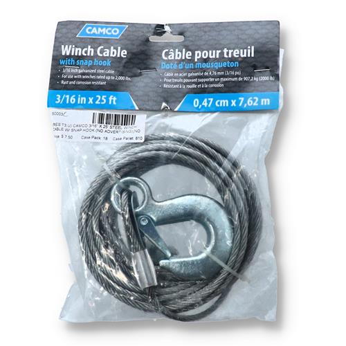 3/16 x 25 ft Stainless Steel Winch Cable with 1/4 Stainless Steel Clevis  Hook