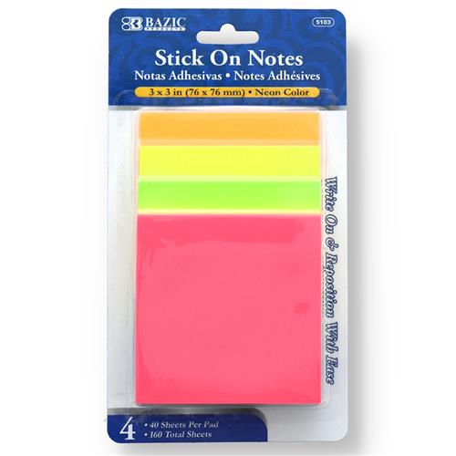 Wholesale 4PK 40ct 3x3'' NEON STICK-ON NOTES 160 TOTAL SHEETS