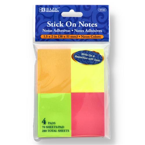 Wholesale 4PK 70ct 1.5x2'' NEON STICK-ON NOTES 280 TOTAL SHEETS -NO ONLINE SALES
