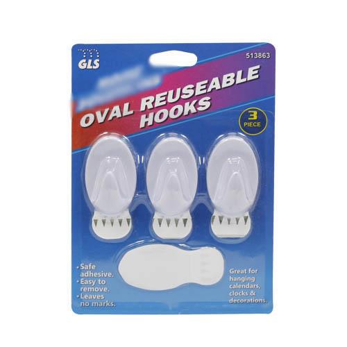Wholesale Medium Oval Reusable Hooks 3 ct and 4 removable adhesive strips.