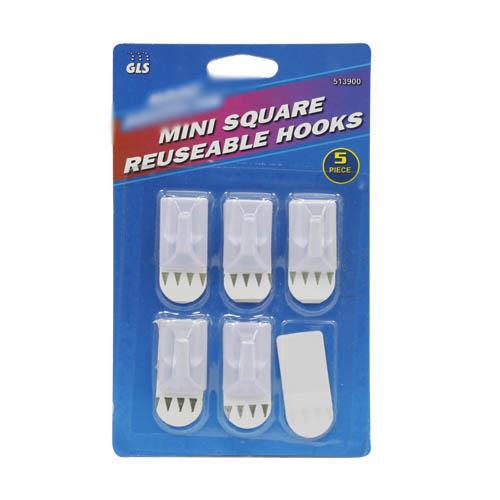 Wholesale Mini Square Reusable Hooks with additional adhesive strip.