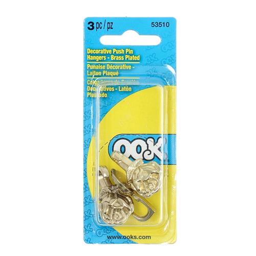 Wholesale OOK 3PK DECORATIVE PUSH PIN HANGERS BRASS PLATED