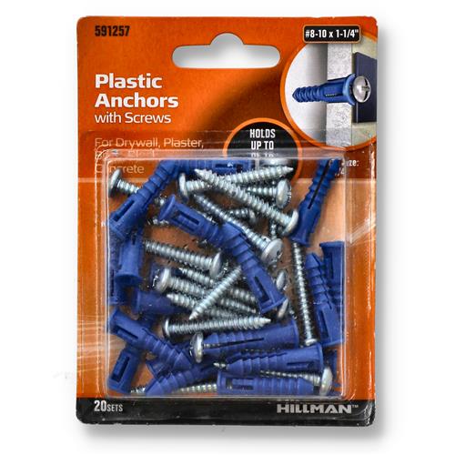 Wholesale HILLMAN 20CT PLASTIC ANCHORS WITH SCREWS #8-10x1-1/4''