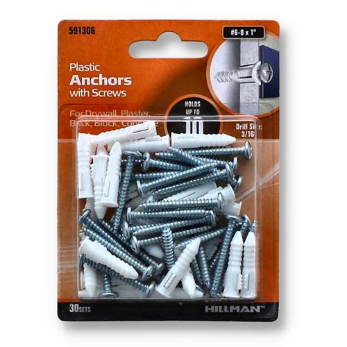 Wholesale HILLMAN 30CT PLASTIC ANCHORS WITH SCREWS #6-8x1''