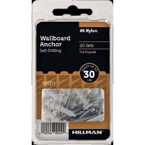 Wholesale HILLMAN 20 SET 30LB NYLON WALLBOARD ANCHOR & SCREWS #6