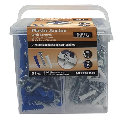 Wholesale HILLMAN 500PC PLASTIC ANCHORS WITH SCREWS #6-8x1 & #8-10x1-1/4