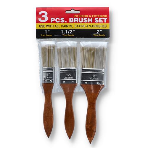 Wholesale 3pc PAINT BRUSH WOOD HANDLES 1-1.5-2"