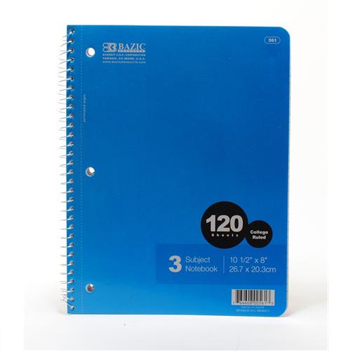 Wholesale Bazic 3-Subject C/R Spiral Notebook 120ct Sheets