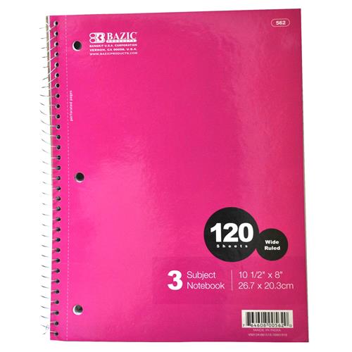Wholesale Bazic 3-Subject W/R Spiral Notebook 120ct Sheets
