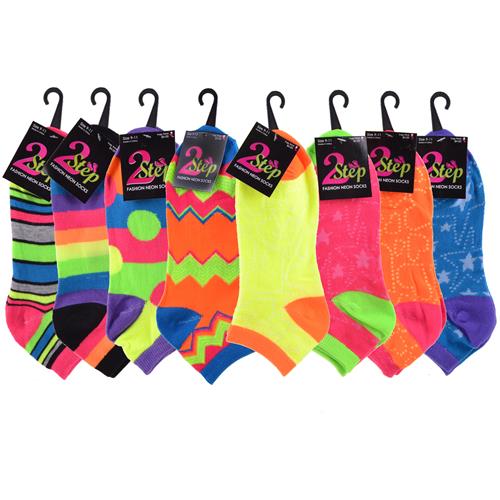 Wholesale Ladies Neon Shortie Socks Assorted Prints & Colors GLW