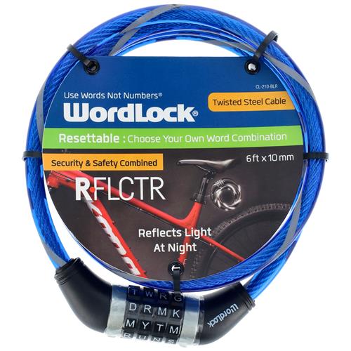 Wholesale 6' WORDLOCK 10MM REFLECR STEEL CABLE 4 DIAL BLUE