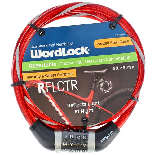 Wholesale 6' WORDLOCK 10MM REFLECR STEEL CABLE 4 DIAL RED