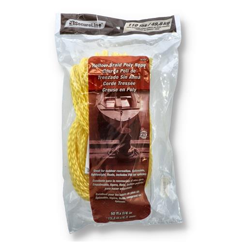Wholesale 50'X1/4'' YELLOW HOLLOW BRAID POLY ROPE