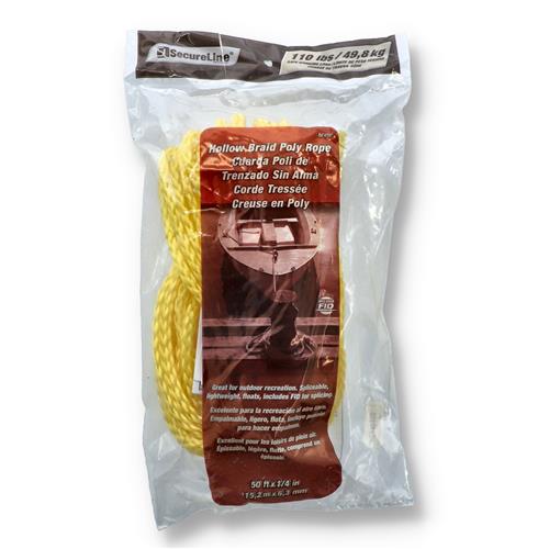 Wholesale 50' 1/4'' YELLOW HOLLOW BRAID POLY ROPE 110LB WLL
