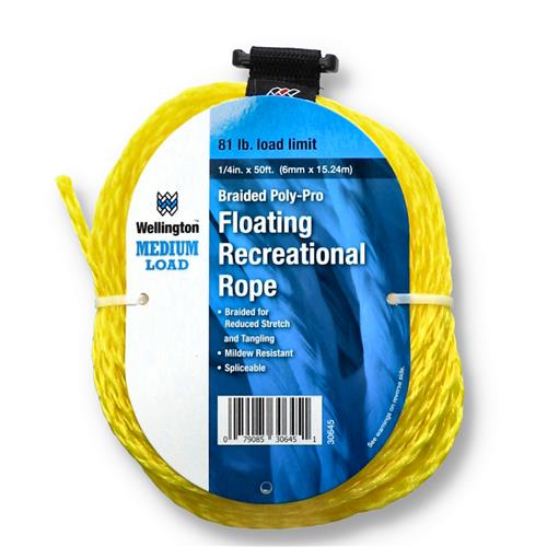 Wholesale 50' 1/4'' YELLOW BRAIDED POLY FLOATING ROPE & HOLDER 81LB WLL