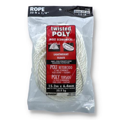 Wholesale 50'x1/4'' WHITE TWISTED POLY ROPE 113LB WLL